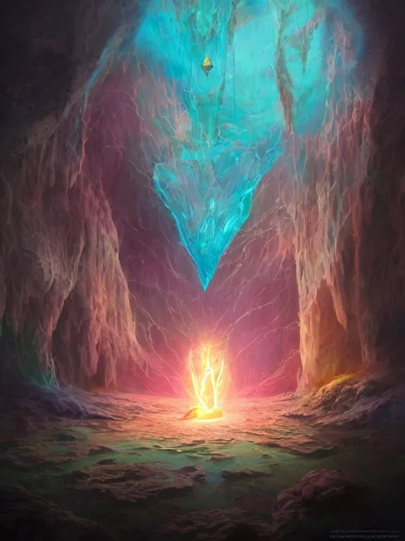 Prompt: a ultradetailed beautiful concept art of the crystal formation of the prismatic heart being absorbing the wonderful colors of the emotion around it in a forgotten cave lighten by the moon light and reflecting on the surface of a quiete lake, concept art, high resolution 4 k, by tom bagshaw, greg rutkowski, charli bowater and artgeem