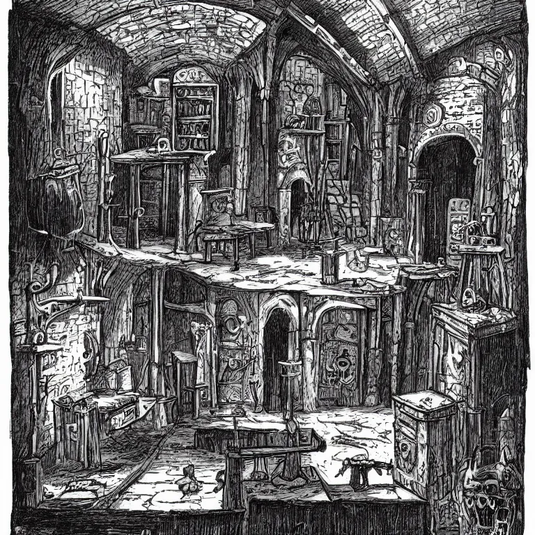 Prompt: description of room in the dungeon, osr dungeon, tomb of horror, illustration