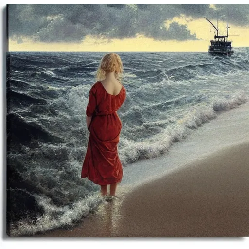 Image similar to Elle Fanning lost at sea at night, stormy weather, extremely detailed masterpiece, oil on canvas, Roger Deakin’s cinematography, by Norman Rockwell,