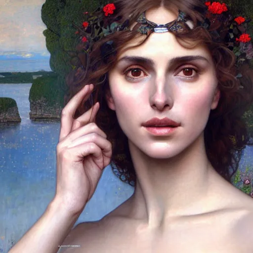 Image similar to Masterpiece painting of Nathalie portman as a Venus drawn by Donato Giancola and Tom Bagshaw, face by Artgerm and Edmund Leighton, Alphonse Mucha, background by James Jean and Gustav Klimt, 4k, partial robotic body, volumetric Lighting, porcelain skin, komorebi, french nouveau, trending on pixiv