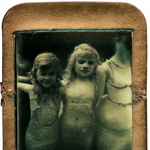 Image similar to tintype photo, underwater, mermaids swimming