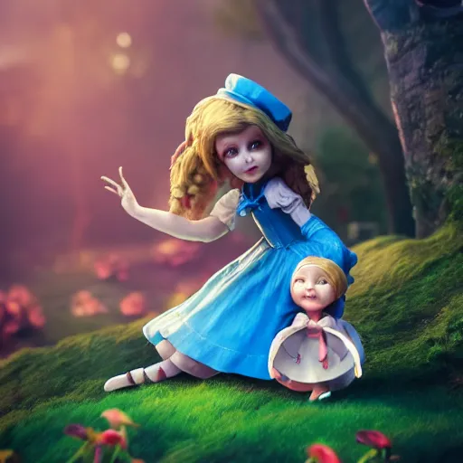 Image similar to alice, doll figurine, alice in wonderland theme, octane render 8 k, disney inspired landscape, artstation, cinematic lighting, hd, ultra realistic