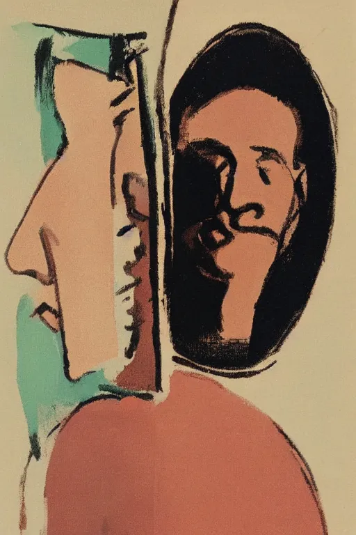 Image similar to man looking into a mirror, 1960’s minimalist advertising illustration, painterly, expressive brush strokes