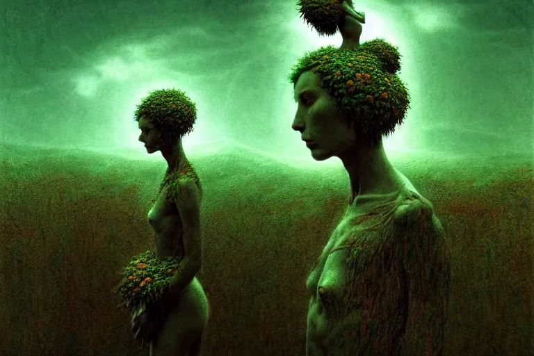 Image similar to imagination of surreal scene flower with broken human sculpture, in the style of beksinski, solarpunk, atmospheric, clean, intricate and epic composition, green by caravaggio, insanely quality, highly detailed, masterpiece, blue light, artstation, 4 k