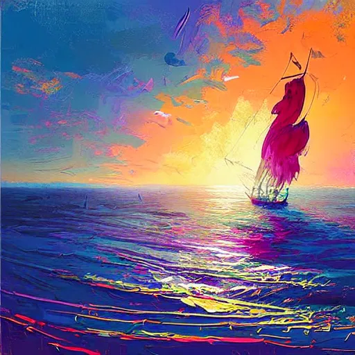 Image similar to A pirate on the high seas that has magical pearlescent shimmering see through sails, painting by Alena Aenami