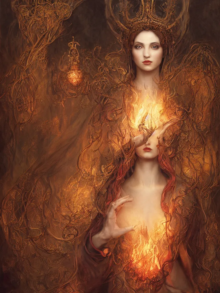 Prompt: breathtaking detailed soft painting of a elesh norn phyrexia, cloak of fireflies and art nouveau crown of embers, rembrandt style, detailed art nouveau stained glass of flames background, christian saint rosace, elegant, highly detailed, artstation, concept art, matte, sharp focus, art by Tom Bagshaw, Artgerm and Greg Rutkowski