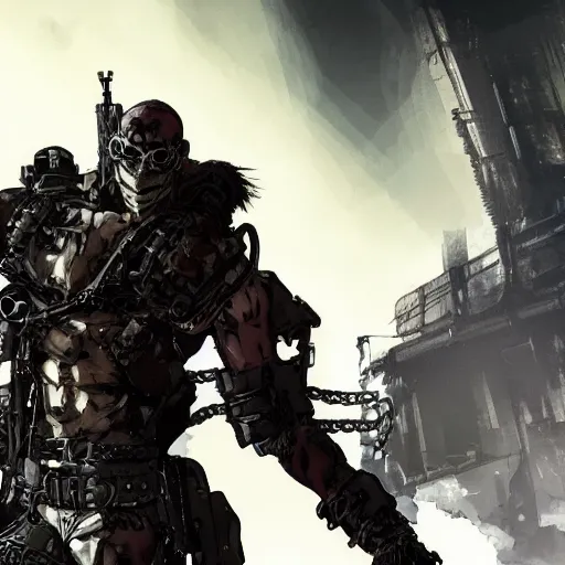 Image similar to a post-apocalyptic cyberpunk grimdark demon in the style of leonard boyarsky in the style of Yoji Shinkawa detailed realistic HD 8k High Resolution