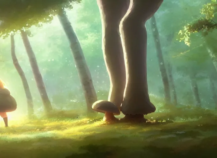 Prompt: a cute thicc mushroom creature, her feet covered in mud, walking around a large aspen forest, fog, atmospheric lighting, by makoto shinkai an krenz cushart