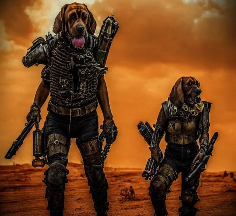 Image similar to a good ol'bloodhound pup fursona ( from the furry fandom ), heavily armed and armored facing down armageddon in a dark and gritty version from the makers of mad max : fury road. witness me.