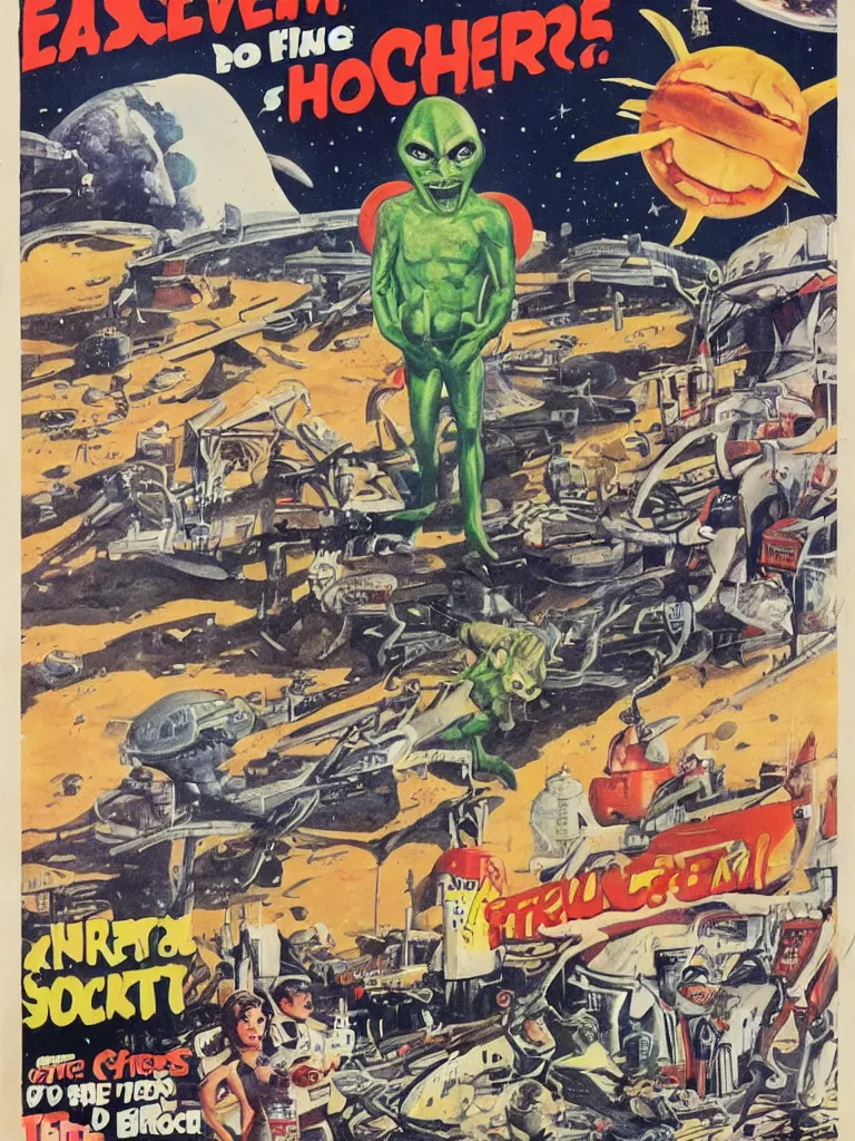 Image similar to evil alien cheeseburger stands on a beach rockets are landing in the background, forbidden planet, pulp sci fi, poster