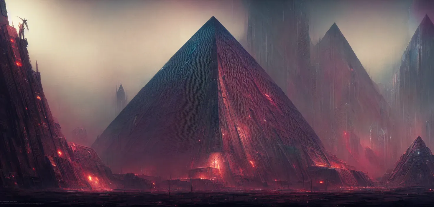 Prompt: cyberpunk egiptian pyramid overview, Greg Rutkowski, HR Giger, Wadim Kashin, in Zdzisław Beksiński color scheme, featured in artstation, octane render, cinematic, elegant, intricate, 8k