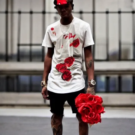 Prompt: streetwear, shirt, tan, red rose, graffiti, high fashion, jordan sneakers, muted colors