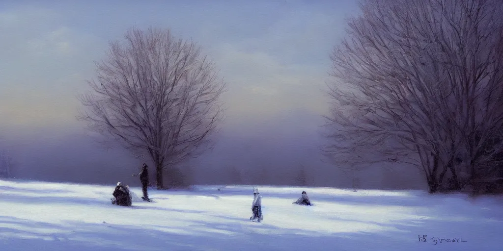 Prompt: painting a snowy landscape art by brom gerald, 8 k
