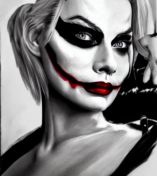 Image similar to a realism drawing of margot robbie as harley quinn with joker makeup, in the style of den yakovlev, realistic face, black and white, realism, hyper realistic, highly detailed