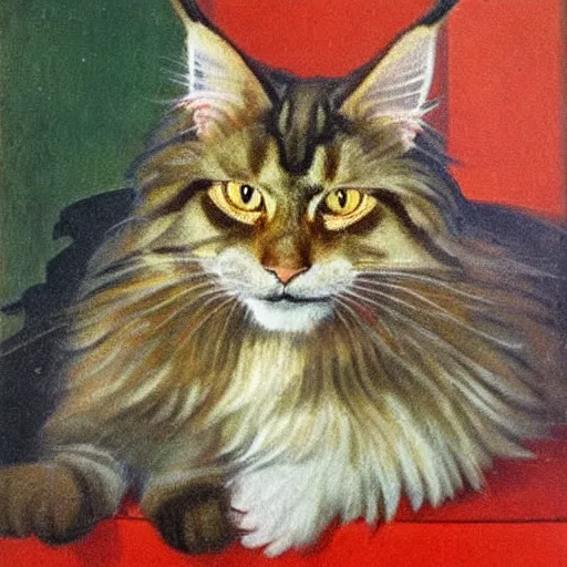 Image similar to soviet painting of ginger maine coon by isaak brodsky, walter womacka, czeslaw znamierowski, vladimir pchelin, kuzma petrov - vodkin, igor berezovsky