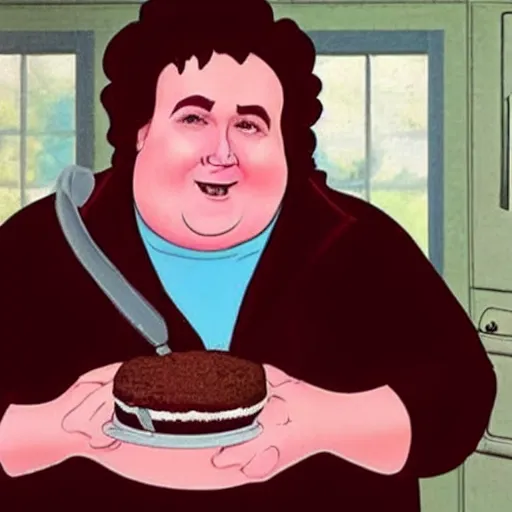 Image similar to obese morbid bruce bogtrotter forced to eat piles of chocolate cake by cooky in a small dark room, he's sweating profusely as he eats handful after handful of rich dark cake, eery wide angle morbid scary dark