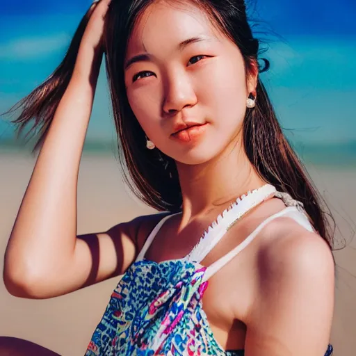 Image similar to a portrait of a young asiatic lady, perfect face, hot summertime hippie, Summer outfit, seafront background , sunny day, perfecly detailed, realistic portrait, perfect design, natural light