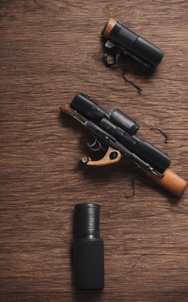 Prompt: a microphone next to a pistol on a wooden table, photo, canon, 8 k hd