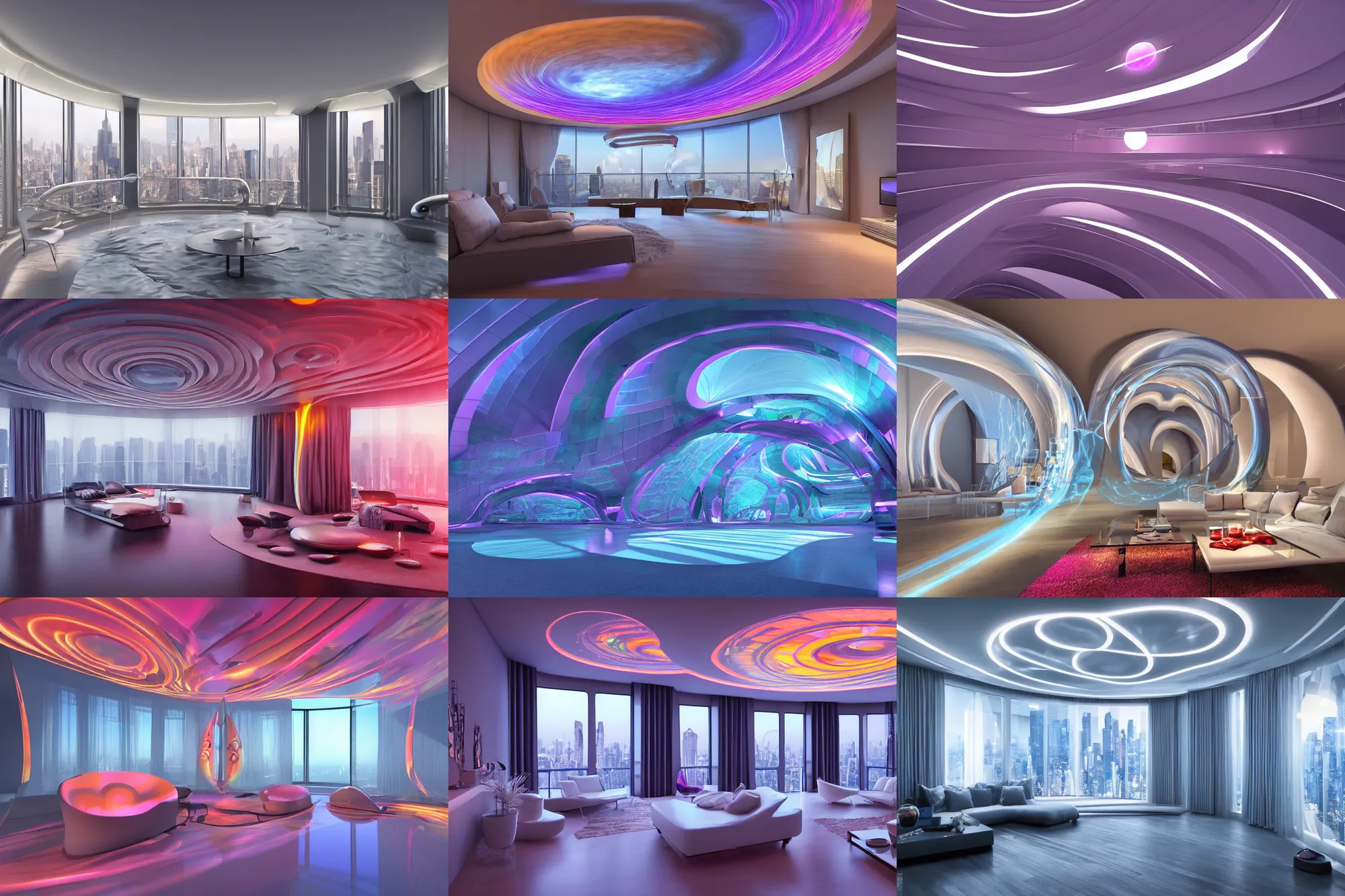 Prompt: extremely detailed awe stunning beautiful futuristic smooth curvilinear apartment interior, translucent orbs, hyper real, 8k, colorful, 3D cinematic volumetric light, atmospheric light,