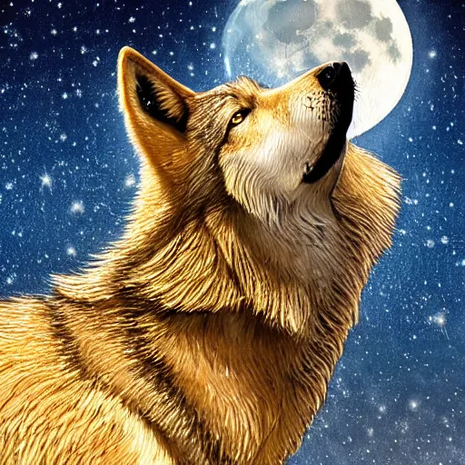 Image similar to close up portrait of a howling wolf in front of the full big moon, fantasy digital art, high definition, 8k, high details, high quality, golden and silver colors, glowing lights in the background