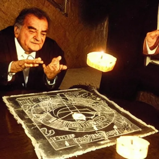 Prompt: Romani Prodi summoning spirits with an Ouija board