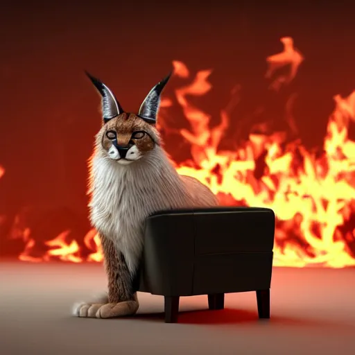 Prompt: wide-angle photo of fluffy caracal sitting on a chair in a room, flames of fire at background, octane render, 3d, 8k, hd, studio light