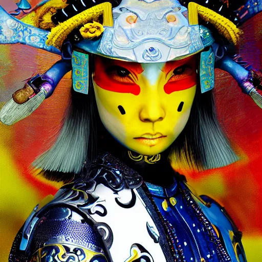 Prompt: portrait of samurai, ready to fight, goth punk, vibrant yellow, blue, colors, surreal, a french baroque by by alexander mcqueen, hyper detailed, very detailed, photograph, cinematic lighting, photorealistic, octane render