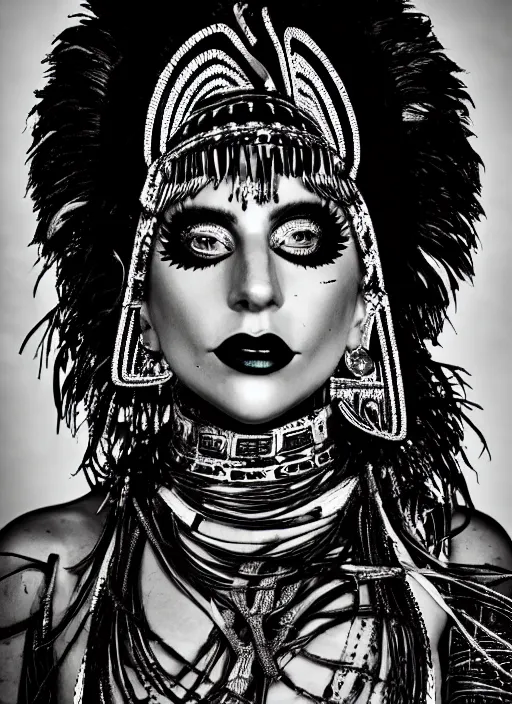 Image similar to lady gaga as a tribal woman, intricate, cinematic lighting, highly detailed, canon 3 5 mm photography, horizontal symmetry, smooth, sharp focus