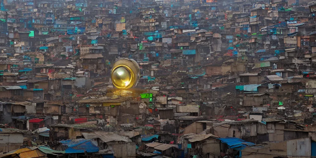 Prompt: AJEGUNLE SLUMS of Lagos surrounding large UFO within NEON rays of light, photographed by Martha Cooper, wide angle, Gold hour light,