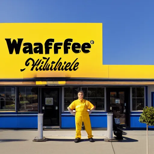 Image similar to wafflehouse employee's standing below wafflehouse sign, employees uniform is blue and black with yellow name tags