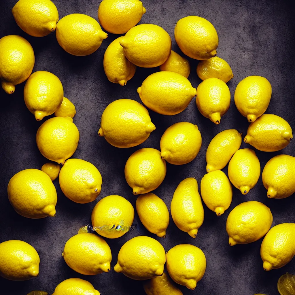 Image similar to a product picture of bunch of lemons realistic, stock photo, photographic filter, unreal engine 5, realistic, hyperdetailed, 8 k, cinematic, volumetric lighting, very realistic effect, hd, hdr, 4 k, sharp focus, octane render, ultra detailed, high resolution, trending on artstation in the style of albert dros glowing rich colors powerful imagery