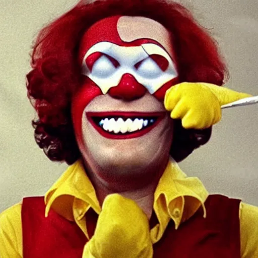 Image similar to ! dream ronald mcdonald crying hysterical tears of laughter in your face