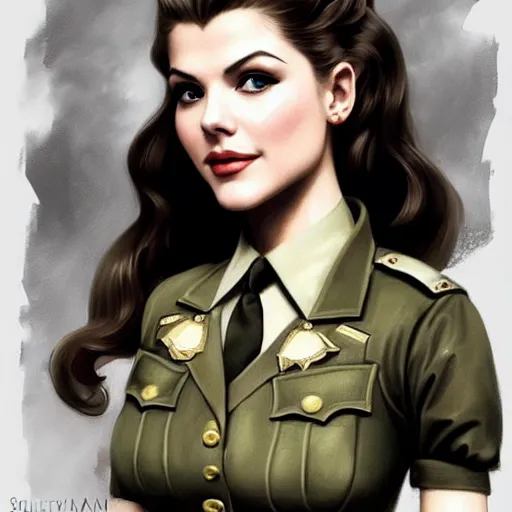 Image similar to A combination of Katheryn Winnick's and Grace Kelly's and Victoria Justice's appearances as a WW2 soldier, full body portrait, western, D&D, fantasy, intricate, elegant, highly detailed, digital painting, artstation, concept art, matte, sharp focus, illustration, art by Artgerm and Greg Rutkowski and Alphonse Mucha