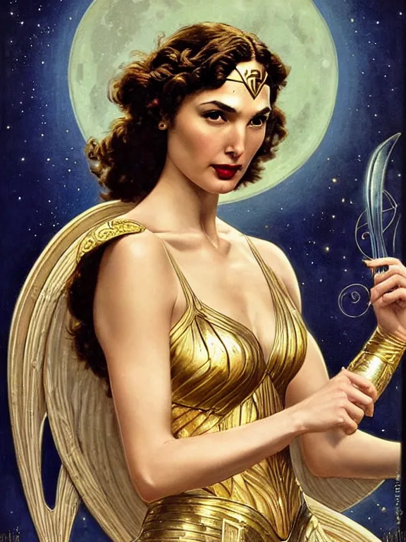 Image similar to Gal gadot as the magic Greek goddess Circe, a beautiful art nouveau portrait by Gil elvgren, moonlit Mediterranean environment, centered composition, defined features, golden ratio, intricate gold jewlery