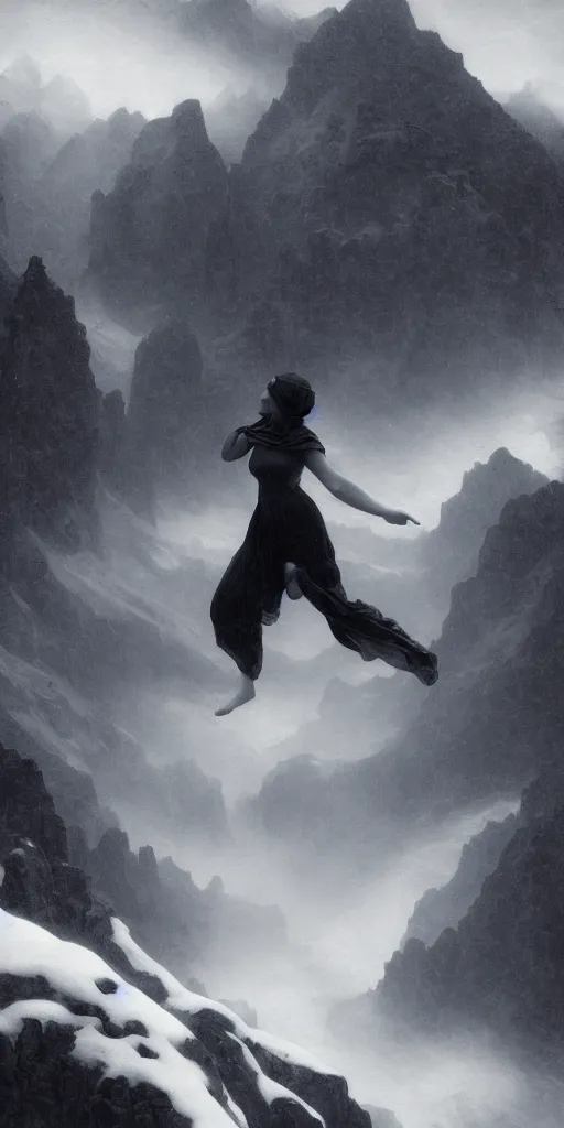 Prompt: A beautiful female alien flying over a foggy snowy mountain, Realistic, Refined, Detailed Digital Art, Oil Painting, William-Adolphe Bouguereau, Renaissance, Highly Detailed, Cinematic Lighting, black and white, tintype, Unreal Engine, 8K