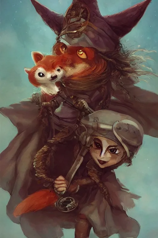 Image similar to cute little anthropomorphic foxy witch wearing a cape and a dreadlocks, tiny, small, miniature fox, baby animal, short, pale woodcut armor, cute and adorable, pretty, beautiful, DnD character art portrait, matte fantasy painting, DeviantArt Artstation, by Jason Felix by Steve Argyle by Tyler Jacobson by Peter Mohrbacher, cinematic lighting