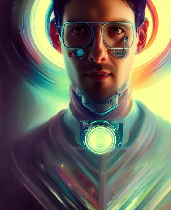 Image similar to a whirlwind inside the metaverse, guy, male, man, hologram, half body, neurochip, android, cyborg, cyberpunk face, by loish, d & d, fantasy, intricate, elegant, highly detailed, colorful, digital painting, artstation, concept art, art by artgerm and greg rutkowski and alphonse mucha