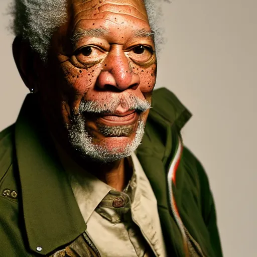 Image similar to a studio photograph of Morgan Freeman dressed as Travis Scott, 40mm lens, shallow depth of field, split lighting