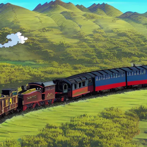 Image similar to miyazaki style, expansive landscape with mountains in the background and wind swept fields in the foreground, a steam powered train is going from left to right on tracks in the middle of the scene, ultra high quality render in 8 k ghibli film type