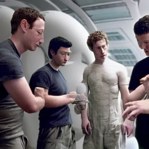 Image similar to mark zuckerberg inspecting the failed clones experiments of himself from the movie Alien Resurrection directed by Jean-Pierre Jeunet.