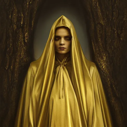 Image similar to a portrait of a young woman wearing a long dark cloak, hood and shadows covering face, holding golden chains, oil painting, matte painting, black background, Volumetric Golden dappled dynamic lighting, Highly Detailed, Cinematic Lighting, Unreal Engine, 8k, HD, by Beksinski