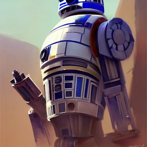 Image similar to greg manchess portrait painting of r 2 d 2 as overwatch character, medium shot, asymmetrical, profile picture, organic painting, sunny day, matte painting, bold shapes, hard edges, street art, trending on artstation, by huang guangjian and gil elvgren and sachin teng