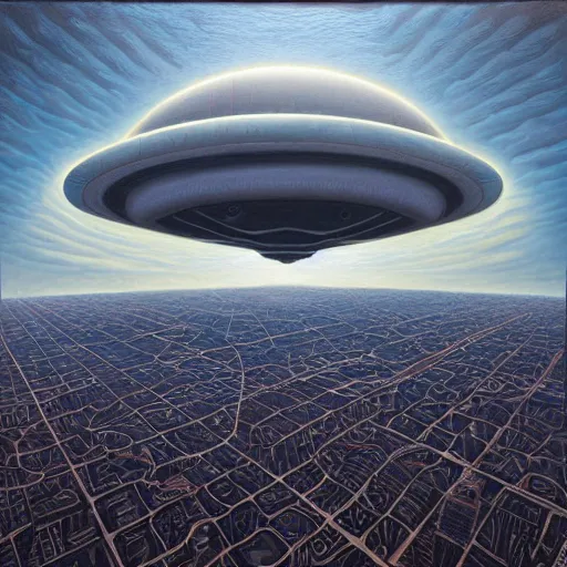 Image similar to prompt : big alien spaceship shaped like cloud hanging above city by jeffrey smith, oil on canvas