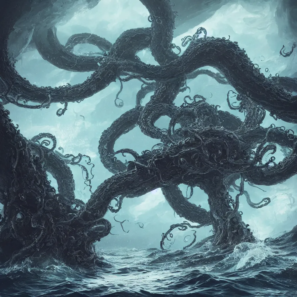 Image similar to a kraken corrupted by demonic power rising out of a stormy sea, intricate artwork by Tooth Wu and wlop and beeple. octane render, trending on artstation, greg rutkowski very coherent symmetrical artwork. cinematic, hyper realism, high detail, octane render