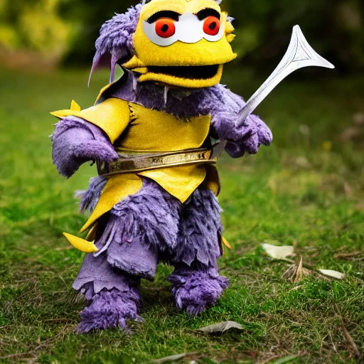 Prompt: a yellow dragon paladin as a muppet plush wearing armor and holding a toy sword, photorealistic, nature, photography, national geographic, sesame street