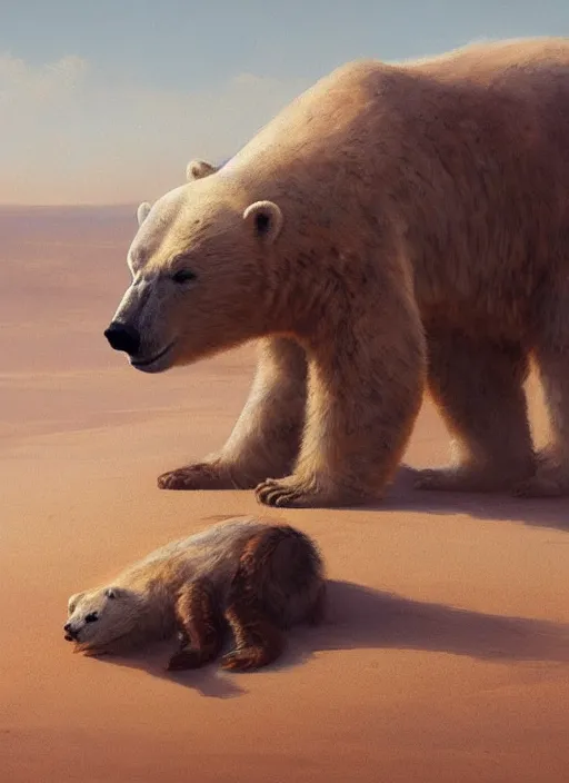 Image similar to dying polar bear on a desert, by greg rutkowski, trending on artstation, masterpiece