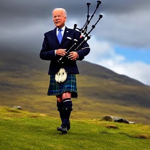 Image similar to joe biden wearing a kilt and playing a bagpipe in the scottish highlands, 8 k, very detailed,