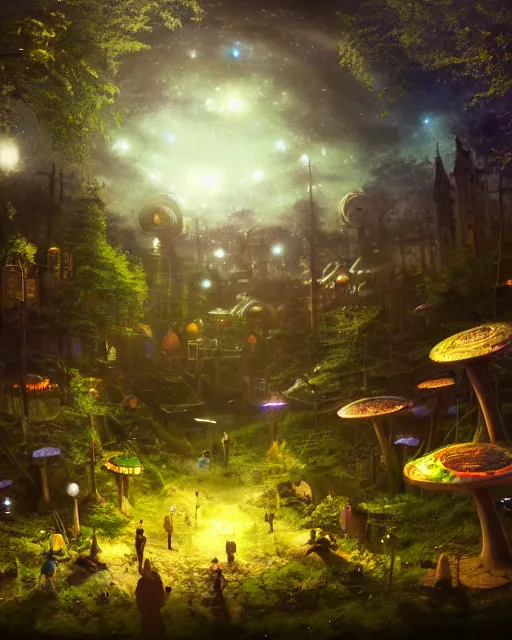 Image similar to girl in solarpunk fantasy village, evening, 4 k, ultra realistic, detailed, epic lighting, starry sky, magical, glowing forest, mushrooms, machines, futuristic building, high detail, masterpiece, trending on artstation by frederic daoust and akihito tsukushi and takeshi nogami