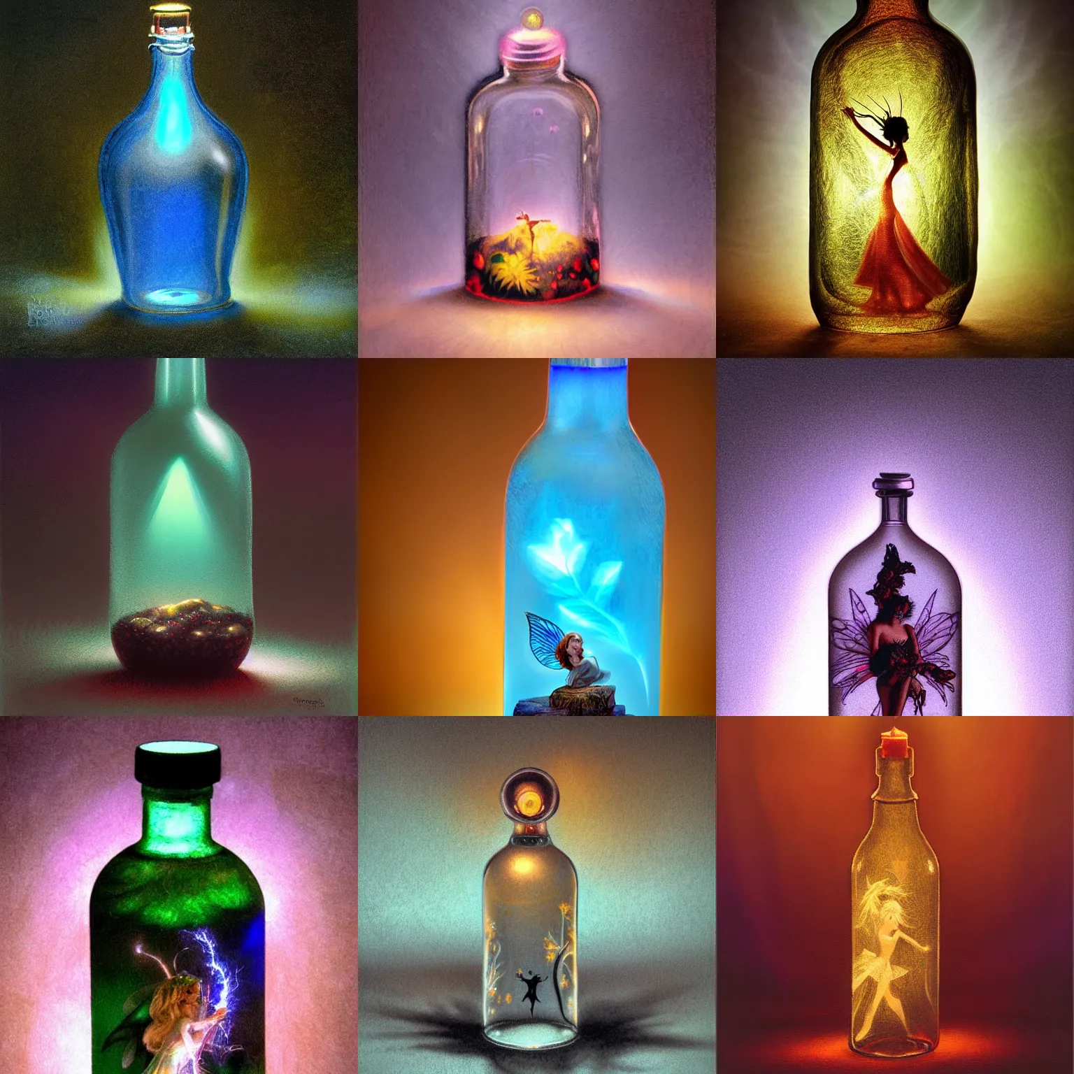 Prompt: fairy in a magic glass bottle by Gerald brom, cinematic lighting, light effect, glowing