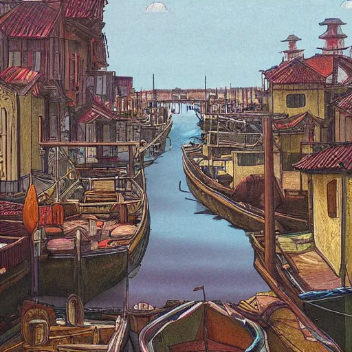 Prompt: city with with streets and aqueducts. various boats. by yeong - hao han